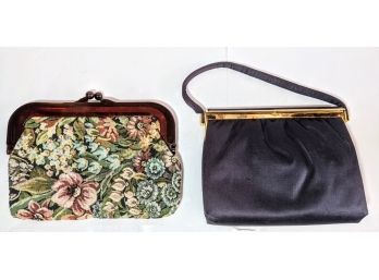 Pair Of Vintage Purses Floral Fabric Pattern And Satin Black Handbag