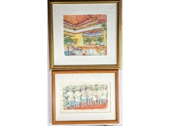 Pair Of Watercolor Restaurant Themed Prints By Marvin Falferman