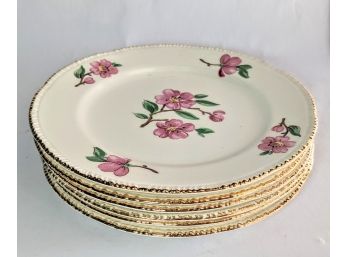 Set Of 6 Vintage Homer Laughlin Pink Rose Fine China Plates With A Gold Trim 7.5'