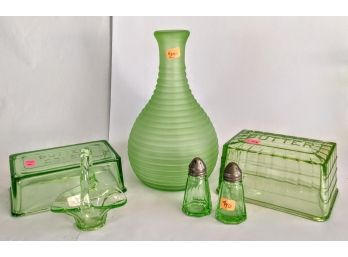 Vibrant, Vintage  Miscellaneous Uranium Kitchenware Including Butter Dishes, A Decanter And More - 8 Pcs