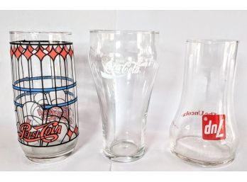 Set Of 3 Vintage Commemorative Cola Glasses By Pepsi, Coca-Cola And The 'un Cola' Upside Down 7up