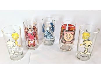 Collection Of Loony Toons Tweedy Bird Cartoon Soda Glasses And 1979 Burger King Vintage Glasses