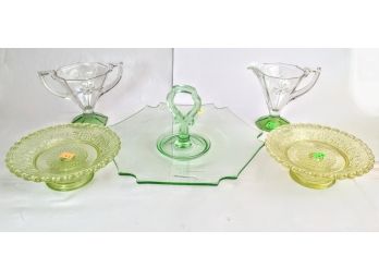 White And Green Depression Misc. Collection Platters, Display Trays, And A Cream And Sugars