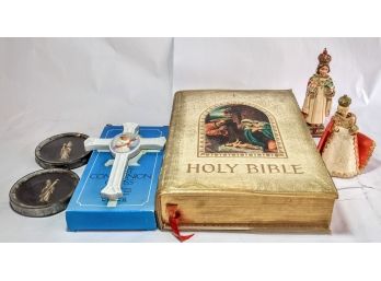 Miscellaneous Collection Of Vintage Christian Religious Decor And A Holy Bible