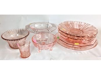 9 Pieces Of Collectible Pink Depression Glass Plates, Platters, Potpourri Bowls And More From The 30s And 40s