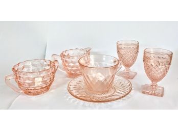 Thick, Engraved And Beautiful Pink Depression Glass Cups And Saucers From The 30s And 40s -16 Pieces