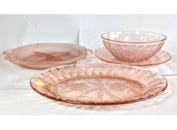 Delicate And Beautiful Pink Depression Glass Plates, 4 Part Serving Dish, And A Bowl From The 30s -13 Pieces