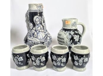Matching Set Of Authentic Painted Blue And Gray Ceramic Pitchers And Shot Glasses Made In Germany