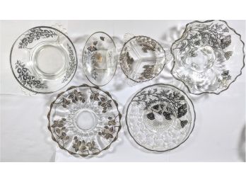 Silver City Glass Co 6 Piece Split Glass Serving Tray Set With Sterling Painted Foliage Designs