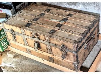 Antique Wooden Storage Trunk With Brass Locks And Accents - Lined With Paper From The British Isles