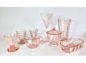 14 Piece Assortment Of Pink Depression Glass With Simple Designs From The 30s And 40s