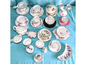 Huge Assortment Of Bright Floral Fine China Tea Cups And Saucers By Royal Chelsea, Queens And More!