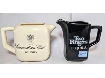 Collection Of 6 Vintage Water Pitchers By Canadian Club Whiskey And Two Fingers Tequila