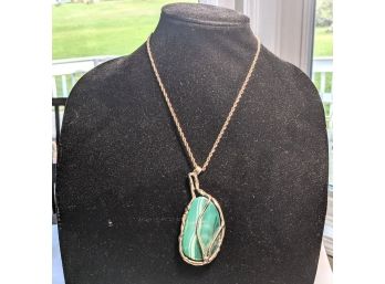 Astonishing Green Cloisonne Enamel Stone Necklace On A Sterling Chain 18'