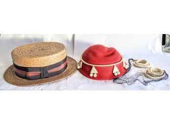Vintage Hats One Red Fabric With White  Applique By Belumiaror And An Authentic Stetson Straw Hat