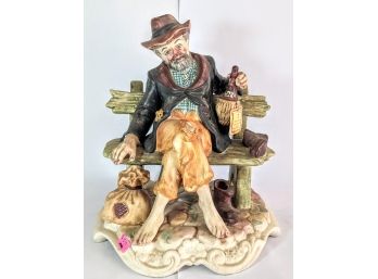 Large Ceramic Hobo Sculpture On A Bench By Capodimonte - Made In Italy