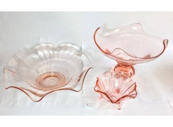 3 Pieces Of Elegant Pink Depression Ware Ribbon Glass