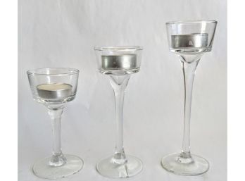 Big Lot Of Thin Glass Candlesticks In Three Sizes 4.5', 5.5', 6.5' Comes With Stud Candles