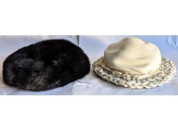 Pair Of Vintage Fancy Woman's Hats - 50s Black Mink From Macys And Weaved Fabric From Saks Fifth Avenue