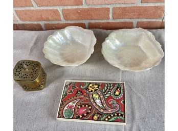 Brass Square Candle Holder With Round Candle, Photo Album, 2 Capis Shell Bowls