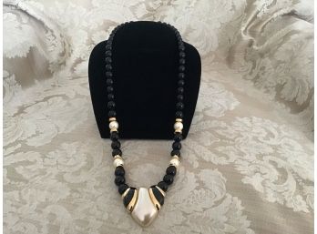 Napier Black Bead, Faux Pearl, And Gold Tone Necklace With Heart Drop - Lt #17