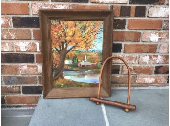 Two Country Pieces Including A Wooden Yoke And Framed Rural Village Scene