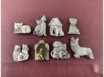 Lot Of 8 Cats And Dogs Pewter Refrigerator Magnets