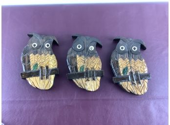 3 Hand Carved Wood Owls