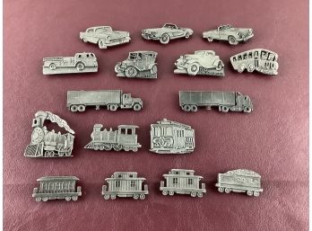 Lot Of 16 Pewter Refrigerator Magnets - Cars Trucks Bus And Trains