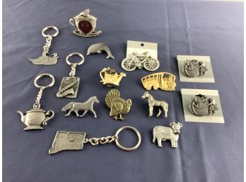 Mixed Lot Of Pewter Pins And Keychains