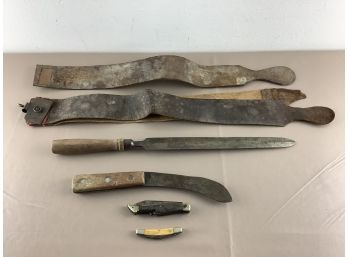 Knives And Leather Straps Lot