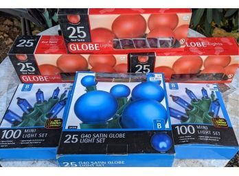 3 Boxes Of Satin Red And One Satin Blue Globe Lights Plus Two More Of Blue Mini Lights - Look Awesome Outside!