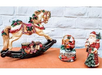 Santa Snow Globe, Standing Santa Figure And Rocking Horse