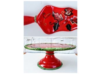 Tracy Porter Hand Painted Christmas Cake Plate And Cake Cutter