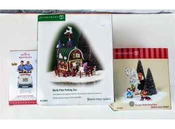 2 Department 56 Kringles,  St. Town Santa And North Pole Petting Zoo, Plus Hallmark Movie Ornament 'Vacation'