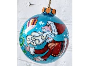 Fanciful Flights Glass, Hand Painted Ornament Of Santa And His Bag Of Presents