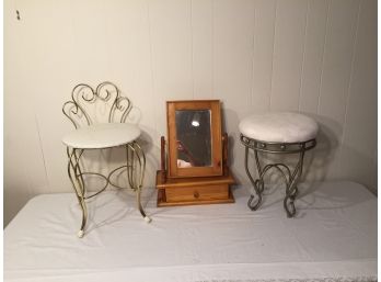Wooden Vanity Topper With Mirror And Drawer Plus Two Vanity Chairs