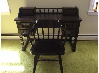 Seven Drawer Hardwood Writing Desk With Spindle Back Armchair