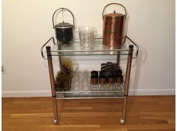 Chrome And Glass Rolling Beverage Cart With Glassware, Pitchers And Ice Buckets