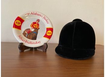 Commemorative Saratoga, NY Horse Plate Circa 1999 And Velvet Riding Helmet