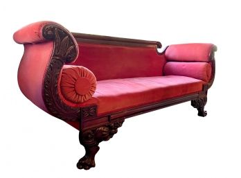 Hand Carved Antique 19th Century Velvet Upholstered Sofa With Ruched Bolsters