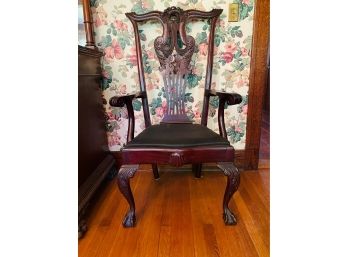 Vintage Hand Carved Mahogany Armchair Chair With Wing Design And Clawfoot Legs