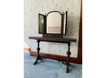 Antique Dressing Table And Tri-panel Mirror