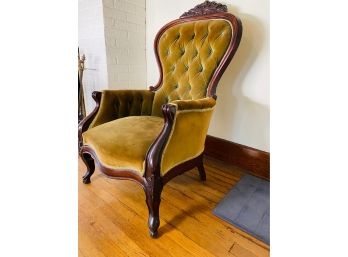 Antique French Victorian Button Tufted Velvet Upholstered Wing Chair With Carved Rosette Motif