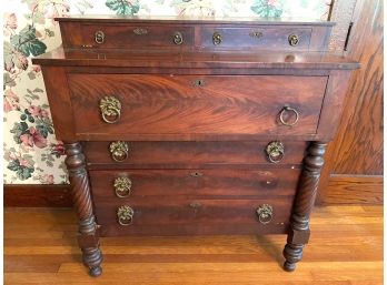 Antique Empire Dresser With Mixed Hardwood Inlay And Vintage Brass Ring Pulls