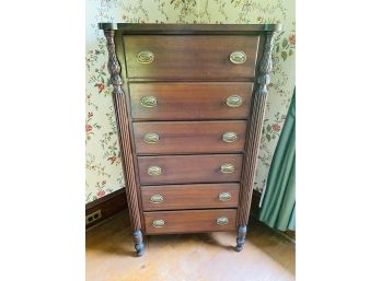 Antique Mahogany HighBoy Dresser With Round Fluted Trim And Brass Plate Pulls