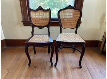 Pair Of Vintage French Inspired Carved Wood Shield Back Cane Chairs