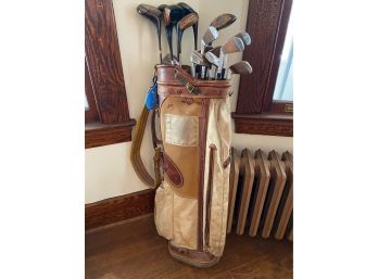 Vintage Golf Clubs With Canvas And Leather Bag #1