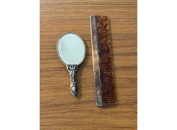 Vintage Vanity Items Tortoise And Sterling Comb And Silver Plate Hand Mirror