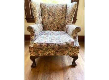 Vintage Floral Upholstered Wing Chair With Short Clawfoot Legs